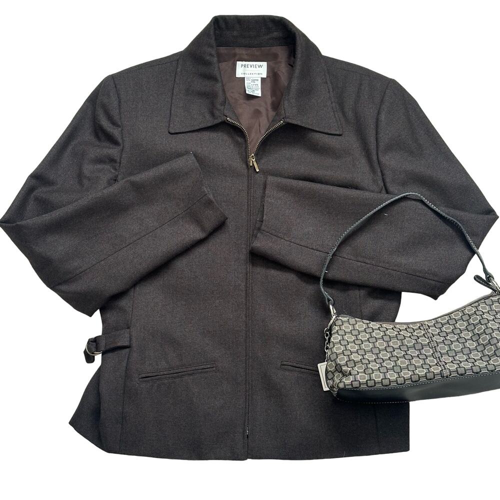 Vintage Preview Collection Brown Worsted Wool Utility Jacket Lined Brass Buckle